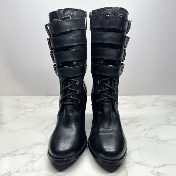 Harley Davidson Ladies Black Leather Boots Size 6 Mid Calf Buckles Zip Lace Up - Picture 3 of 16